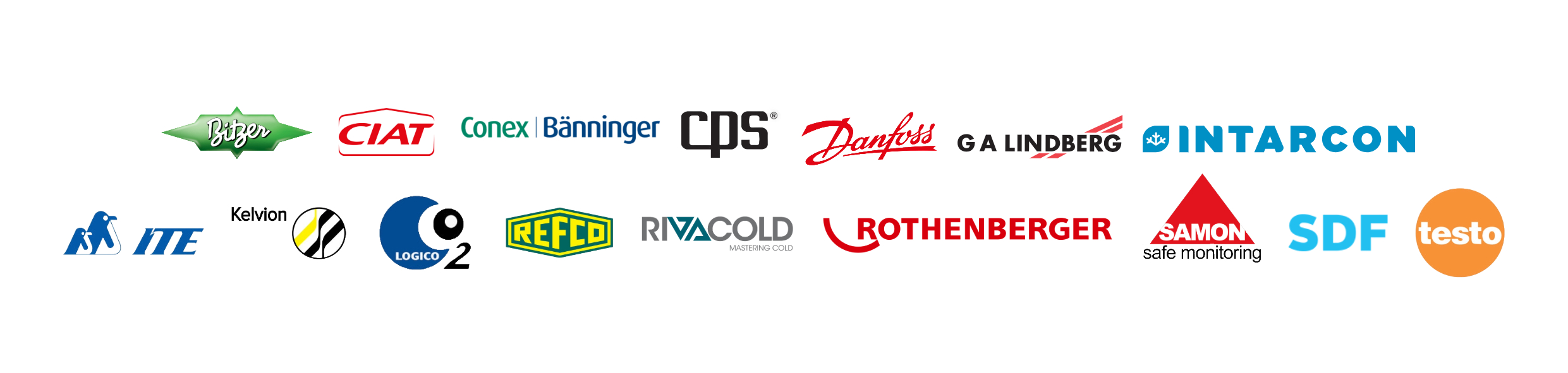 logotyper av leverant&ouml;rer  p&aring; v&aring;rt jubelium Bitzer, CIAT, Conex B&auml;nninger, CPS, Danfoss, G A Lindberg, Intarcon, ITE, Kelvion, LogiCO2, REFCO, Rivacold, Rothenberger, SAMON, SDF, Testo